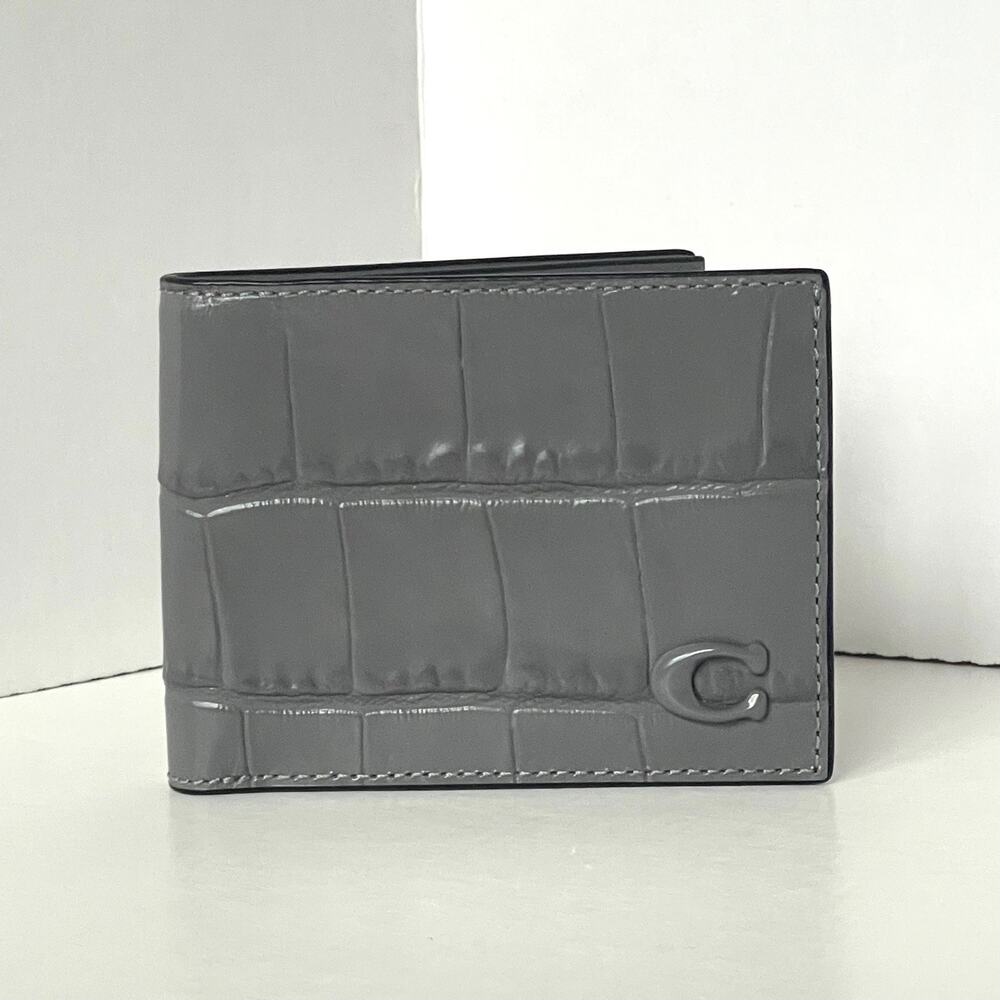 Coach Slim Billfold Wallet CW444 Charcoal Gray Embossed Leather Mens